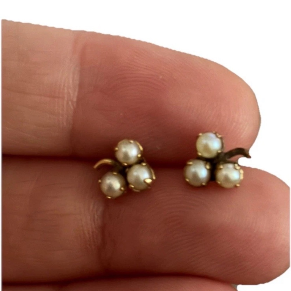 Real Antique Unmarked 14k Vintage Grape Stud Trio Earrings Seed Pearls